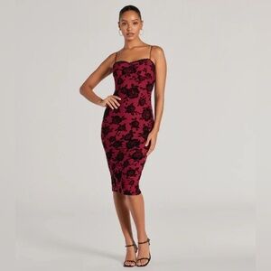 Windsor Irresistible Romance Rose Velvet Lace Midi Dress in burgundy